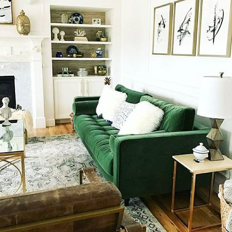 one day I will wake up and the grass green sven sofa will magically be in my living room and my husband will say you were right all along it's beautiful and then my life will be complete 📸: @suburbanbees . . . . . #articlefurniture #sven #interiors #cozyhome #interiordesign #decorating #article #interior123 #greensofa #cozy #interiorstyle #interiordecorating #livingroom #decorideas #sofaofmydreams Green Living Room Designs, Velvet Sofa Living Room Ideas, Green Velvet Sofa Living Room, Emerald Green Living Room, College Living Room Decor, Brown And Blue Living Room, Velvet Sofa Living Room, Sofa Living Room Ideas, Brown Living Room Decor