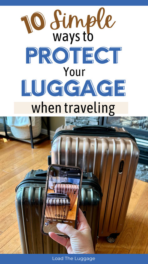 10 Simple ways to protect your luggage when traveling.  Image is someone taking a photo of their luggage. Lost Luggage Tips, Luggage Identifiers Ideas, Luggage Hacks, Luggage Identifiers, How To Remove Glue, Lost Luggage, Luggage Locks, How To Tie Ribbon, Travel Hacks