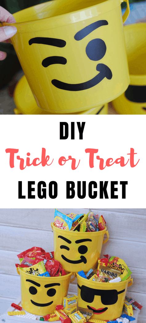 This LEGO craft is perfect for Halloween... use it as a trick-or-treat bucket or as a fun favor at a LEGO party! Such an easy DIY! #legocraft #legoparty #legohalloween Lego Theme Trunk Or Treat, Lego Halloween Decorations, Lego Parade Float, Lego Trunk Or Treat Ideas For Cars, Lego Halloween Ideas, Halloween Lego Ideas, Lego Trunk Or Treat Ideas, Lego Trunk Or Treat, Lego Bucket