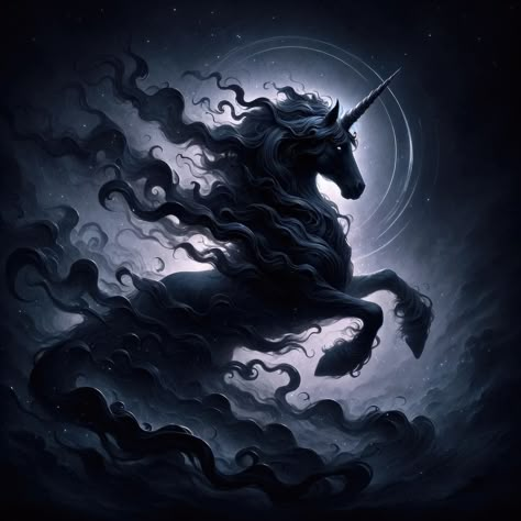 Dark Unicorn Art, Fantasy Elemental Creatures, Evil Unicorn, Dark Unicorn, Creepy Animals, Fantasy Unicorn, Magical Horses, Unicorn Pictures, Black Unicorn