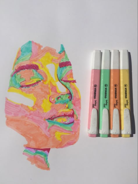 I used standard pastel highlighters to create an abstract portrait with exaggerated colors. Painting media drawing Womans face painting drawing bright colours abstract pastel stablo highlighters #paintingmedia #highlightpainting #abstractpaintings #abstractart #aesthetic #pastel #portrait #pastelart Coloring With Highlighters Drawing, Coloured Face Drawing, Highlighter Portrait Drawing, Dada Art Paintings, Felt Tip Art, Self Portrait Drawing Abstract, Colourful Face Drawing, Highlighter Portrait Art, Face Highlights Drawing