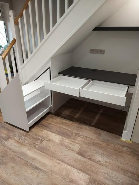 Under Stairs Study, Under Stairs Craft Area, L Shaped Desk Under Stairs, Under The Stairs Work Space, Desk Under Tv Living Room, Under Stairs Workspace, Hidden Office Under Stairs, Understairs Desk, Under Stair Desk Ideas