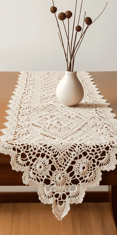 Crochet Table Runner Tutorial DIY Pattern Free Crochet Square Doily Patterns, Crochet Lace Table Runner Pattern Free, Crochet Table Runner Free Pattern Easy, Crochet Runner Free Pattern, Table Runners Diy Easy, Tablecloth Crochet Pattern, Free Crochet Table Runner Patterns, Crochet Table Runner Free Pattern, Table Runner Crochet Pattern