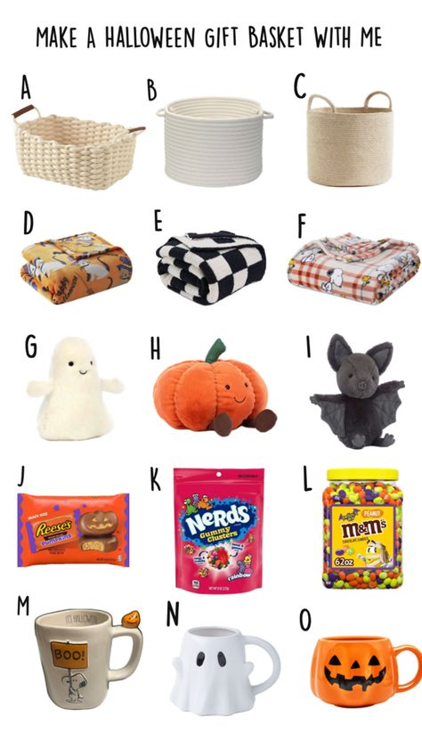 Halloween, Fall, Autumn, Gift ideas, Gift Basket, Gift inspo, #aesthetic Cheap Boo Baskets For Friends, Fall Gift Baskets Ideas, Boo Basket Ideas Cheap, Cheap Boo Basket, Boo Basket Ideas For Kids, Cheap Boo Basket Ideas, Food Basket Gift Ideas, Halloween Gift Baskets For Kids, Basket Making Ideas