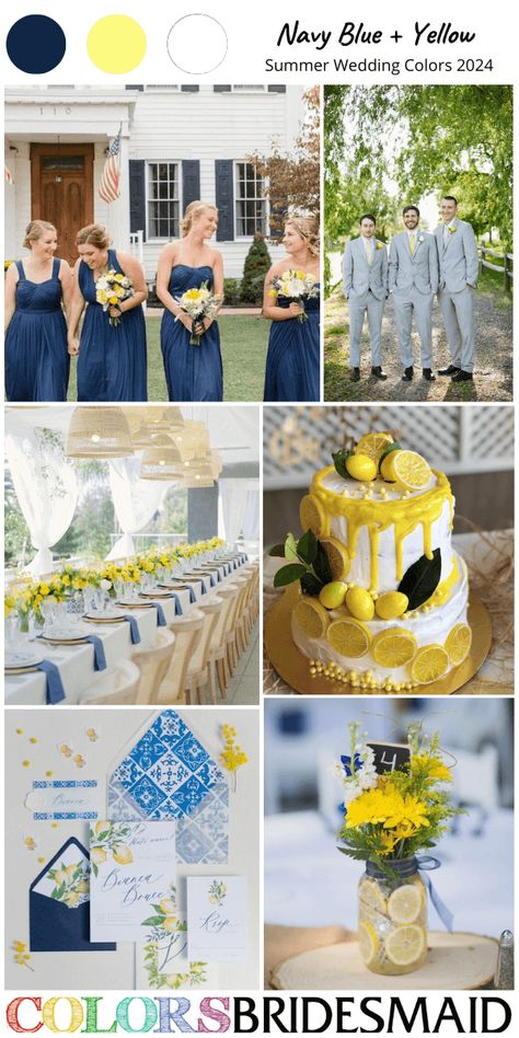 navy and yellow wedding colors for 2024, navy blue bridesmaid dress, white bridal gown, yellow and white bouquet, grey groomsmen suits and yellow ties, navy napkins and yellow flower centerpieces, navy wedding invitations, wedding cake dotted with yellow lemon, navy blue table number card. #weddings #weddingideas #bridesmaiddresses #summerwedding #colsbm #2024 #navywedding #yellowwedding Navy And Lemon Wedding, Navy Blue And Yellow Wedding, Yellow And White Bouquet, Navy And Yellow Wedding, Navy Napkins, Grey Groomsmen, Gown Yellow, Yellow Wedding Colors, Romantic Wedding Colors