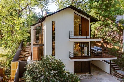 Uphill House Design, Uphill House, Mid Century Modern Renovation, Modern Home Tour, Modern Remodel, Hillside House, Glass Staircase, Dc Metro, Exterior Remodel