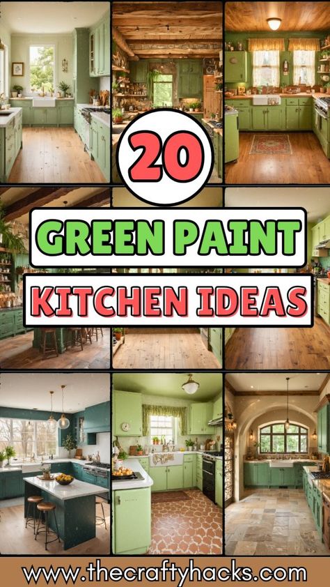 Green Kitchens Cottage Core, Painting Ideas Kitchen, Green Kitchen Paint Colors, Green Kitchen Paint, Kitchen Paint Ideas, Green Kitchen Walls, Green Kitchens, Yellow Cabinets, Cream Kitchen