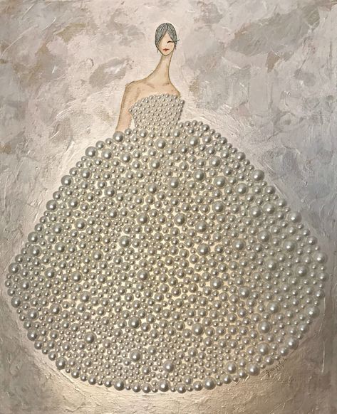 Pearl Dress  16" x 20" Canvas - Framed (22"W x 26"H) Original, Unique Mixed Media painting on canvas. Signed by Artist. Framed in white ornate finish. Background in Dazzling White Pearl Acrylic... Pearl Canvas Art, Art With Pearls, Pearl Artwork, Art Shattered, Mixed Media Painting On Canvas, Pearl Art, Altered Canvas, Fashion Design Books, Jewelry Frames