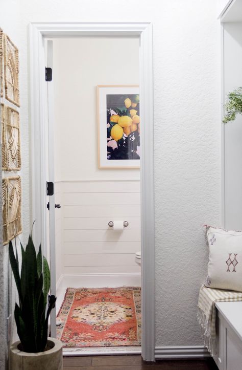 A bright and welcoming mudroom/powder room combo with a modern-casual-beach feel. Designed by: IrisNacole.com Mudroom And Powder Room, Mudroom Powder Room Combo, Powder Room Rugs, Powder Room Rug, Mudroom Renovation, Mudd Room, Modern Farmhouse Mudroom, Mudroom Addition, Basement Bathroom Design