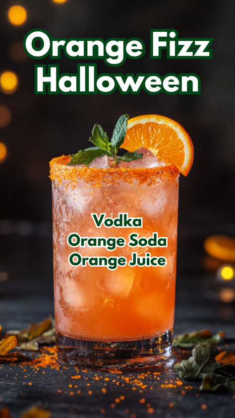 Orange Fizz Halloween Cocktail Vodka Fizz Cocktail, Orange Tequila Drinks, Halloween Alcoholic Drinks Vodka, Halloween Drink With Vodka, Orange Halloween Drink, Spooky Vodka Cocktails, Halloween Drinks With Vodka, Spooky Cocktail Recipes, Sweet Alcoholic Drinks Easy