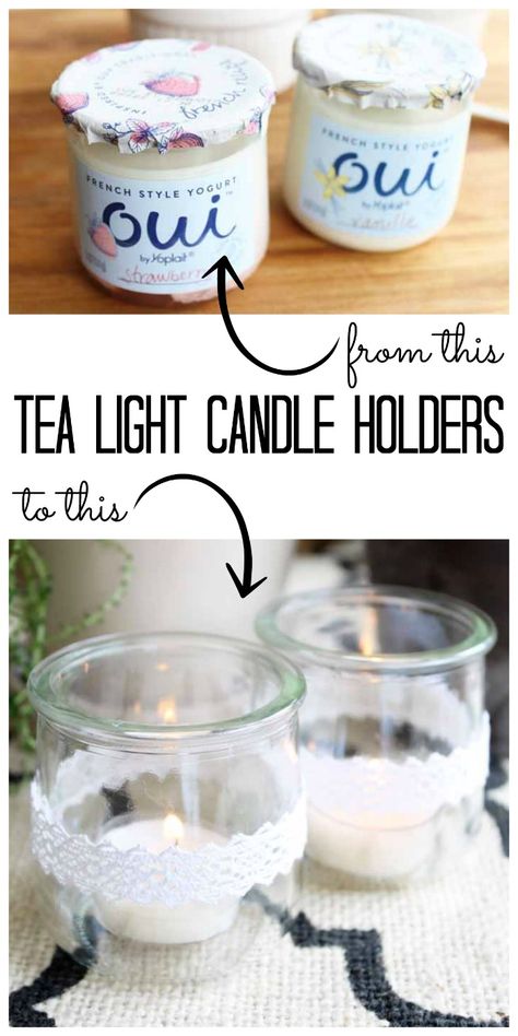 Make these tea light candle holders from recycled glass jars! A cute way to use those Oui yogurt containers! Oui Jar Crafts, Oui Jars, Oui Yogurt, Lantern Ghost, Yogurt Jars, Yummi Candles, Candle Recipes, Crafts With Glass Jars, Tea Light Candle Holders