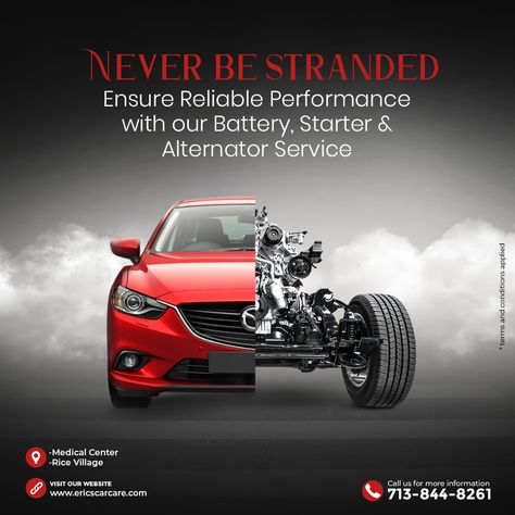 Stuck in a roadside jam? Don't let battery or alternator issues stand between you and your destination. Our dependable starter, engine & alternator service will get you back on the road worry-free! Get all the details at our website today. Contact us today 713-715-7308 Med Center 713-231-5717 Rice Village Or visit your nearest location #ReliablePerformance #AutoCare #EricscarCare #CarMaintainence Car Service Design, Alternator Repair, Automotive Solutions, Glass Repair, Car Repair Service, Engine Repair, Auto Repair Shop, Webpage Design, Car Advertising