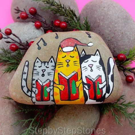 Rock Tutorial, Painting Tutorial Step By Step, Christmas Pebble Art, Cats Art Drawing, Rock Painting Tutorial, Happy Painting, Art Pierre, Stone Art Painting, Christmas Rock