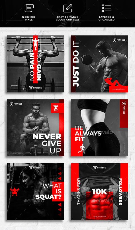 12 Fitness Gym Social Templates - Square PSD. So amazing and eyecatching for Fitness Gym branding and marketing. You only need to edit texts and put your own photos. #gymdesign #gymmarketing #gymbusiness #fitnessbusiness #gym #fitness #design #fitnessequipment #gymequipment #crossfit #workout #fitnessindustry #gymfranchise #fitnessaddict Gym Marketing Ideas Social Media, Fitness Design Graphics, Crossfit Graphic Design, Fitness Social Media Design, Gym Post Design, Fitness Brand Design, Gym Poster Design Creative, Gym Content Ideas, Gym Template Design