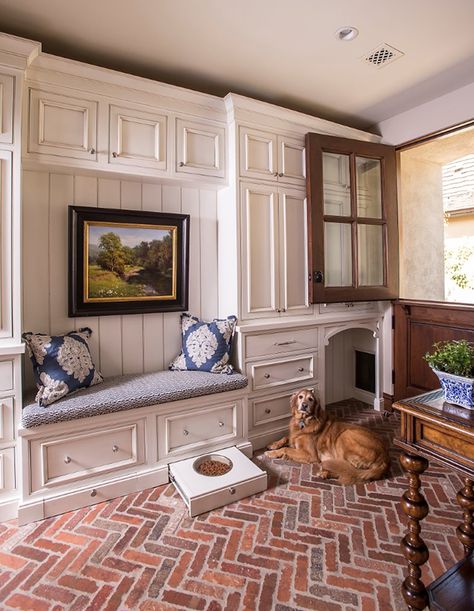 English Tudor Cottage, Cottage Traditional, Traditional Entry, Tudor Cottage, Pet Spaces, English Tudor, Mudroom Design, Dutch Door, Brick Flooring