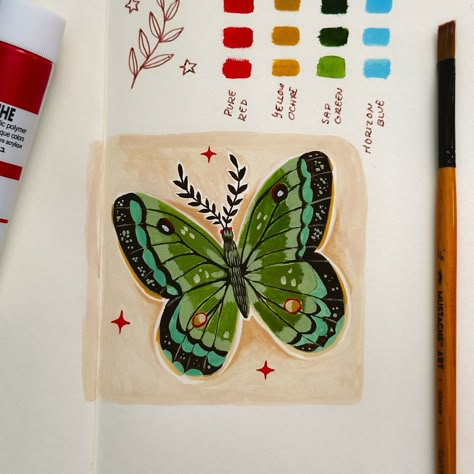 🦋🌿 My first illustration using the acryla gouache from Holbein. It’s a fun medium to work it, the opacity and matte finish of the colors are my favorite thing about these paints! 🏷️ #art #sketchbook #painting #gouache #butterfly #illustration #gouachepainting #gouacheillustration #acrylicgouache #holbeinacrylagouache #illo #sketchbookartist #sketchbookpage Acryla Gouache, Sketchbook Painting, Sketchbook Tour, Painting Gouache, Gouache Illustrations, Butterfly Illustration, Watercolour Inspiration, Gouache Art, Sketchbook Pages