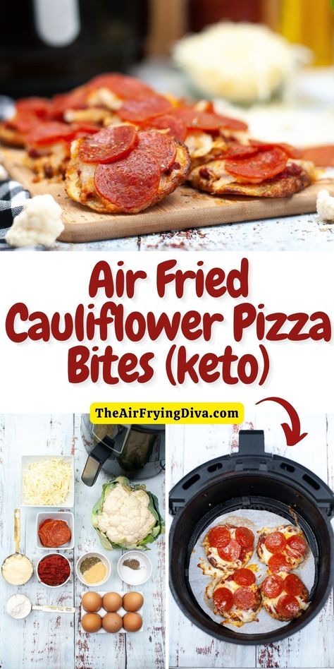 Air Fryer Cauliflower Crust Pepperoni Pizzas, a simple and delicious recipe for a bite sized snack, appetizer, or meal. Gluten Free, Low Carb Cauliflower Pizza Bites, Air Fryer Cauliflower, Tortilla Chip Recipe, Dinner Recipes Healthy Low Carb, Bite Size Snacks, Diet Recipes Easy, Cauliflower Crust, Best Low Carb Recipes, Fried Cauliflower