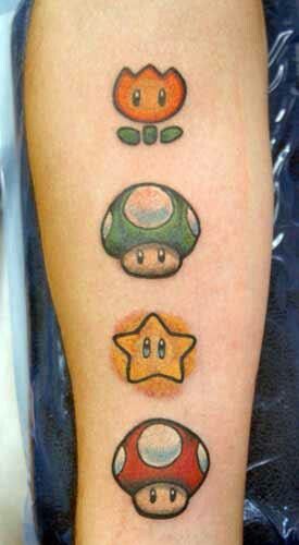 Mario Toad Tattoo, Super Mario Mushroom Tattoo, Super Mario Tattoo Design, Mario And Luigi Tattoo, Tattoo Parejas, Nintendo Tattoos, Mario Tattoos, Super Mario Tattoo, Tattoo Fillers