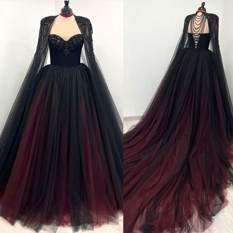 Gothic Black and Red Sweetheart Wedding Dresses with Cape Appliques Bridal Gowns Evil Queen Prom Dress, Gothic Fall Wedding Dress, Black Burgundy Wedding Dress, New Orleans Style Wedding Dress, Emo Dresses Prom Goth, Fairy Inspired Dress Gowns, Red Black Bridesmaid Dresses, Villian Wedding Dress, Gothic Red And Black Dress