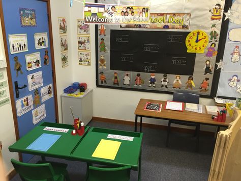 Set up a school role play area for preschool children to explore what school will look like School Role Play Area Eyfs, School Role Play, Role Play Areas Eyfs, Play Preschool, Reception Classroom, Reception Class, Roleplay Ideas, Role Play Areas, People Who Help Us