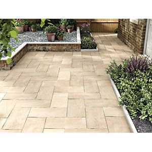 Herringbone Patio Paving Pattern - Marshalls Indian Sandstone Riven Buff Multi 600 x 300 x 22 mm Paving Slab | Wickes.co.uk Laying A Patio, Garden Slabs, Sandstone Paving Slabs, Indian Sandstone, Sandstone Paving, Patio Slabs, Garden Paving, Back Garden Design, Paved Patio