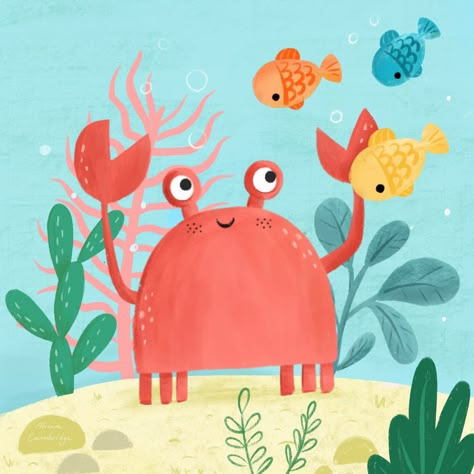 Crab Illustration, Animal Illustration Kids, Crab Art, Sea Illustration, Kids Room Paint, Instagram Videos, Sea Painting, Elephant Art, Happy Paintings