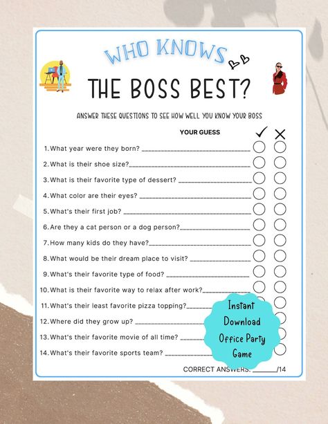 This Party Games item by NaNaPrintables has 9 favorites from Etsy shoppers. Ships from United States. Listed on Jun 1, 2024 Fun Friday Work Ideas, Workplace Encouragement, Who Knows The Boss Best, Teacher Engagement, Office Retirement Party, Housekeeping Week, Work Team Building Activities, Work Party Games, Staff Wellbeing