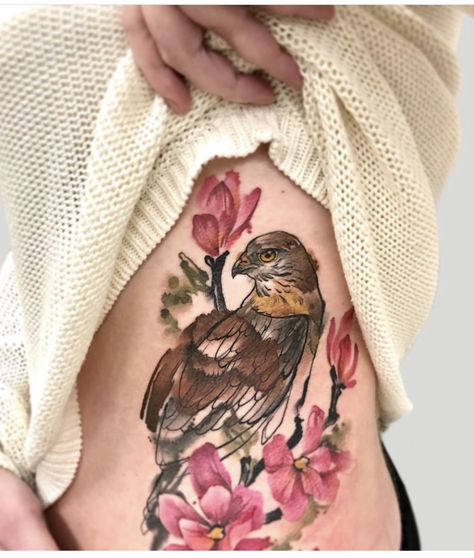 Hawk With Flowers Tattoo, Floral Hawk Tattoo, Hawk Tattoo Feminine, Hawk Tattoo, Pisces Tattoos, Tattoo Flowers, Watercolor Tattoos, Floral Sleeve, Tattoo Love