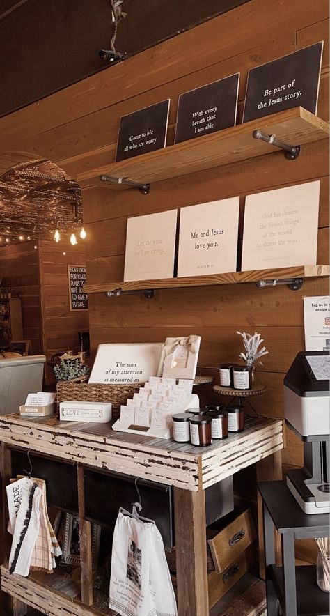 Christian Business Aesthetic, Christian Book Store Ideas, Rustic Coffee Shop Aesthetic, Christian Coffee Shop Ideas, Christian Cafe Ideas, Christian Coffee Shop Aesthetic, Christian Store Ideas, Christian Restaurant, Church Coffee Station