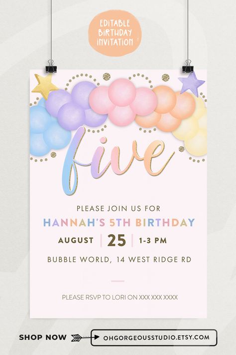 This fun and easy-to-edit Rainbow Balloon 5th Birthday Invitation is a fun way to get the party started!

Included in this purchase is a 1 x 5x7 (127mm x 177,8mm) invitation which you can edit in Corjl with ease. 

We have additionally included a 1125px x 2436px electronic invitation size should you wish to send some of those out via text as well. 5th Birthday Invitation, Pastel Birthday Invitation Template, Bright Birthday Invitations, Pastel Rainbow Birthday Invitations, Online Invitation Card Birthday Kids, Rainbow Theme Invitation Template, Girls Party Invitations, Diy Birthday Gifts For Friends, Girl Birthday Decorations