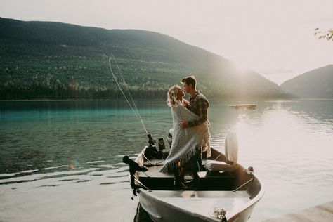 Captured By Nicole Photography - Fishing Engagement Session - Johnson Lake BC, Canada  #fishing #photography #engagementphotos #engagement #photography #fishingcouple #fishingwedding #lakeengagements #dogengagement Fishing Boat Engagement Photos, Fishing Photo Shoot Couple, Fishing Couple Pictures, Johnson Lake Bc, Fishing Engagement Pictures, Fishing Photoshoot, Fishing Photo Shoot, Fishing Engagement Photos, Mountains Pictures