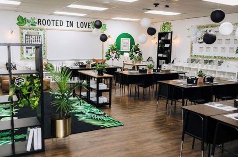 Class Decoration Ideas (Top Trends This Year) - Chaylor & Mads Natural Bulletin Board Ideas, Zen Classroom, Garden Classroom, Tropical Classroom, Plants Classroom, Rooted In Love, Modern Teacher, Teachers Room, Classroom Goals