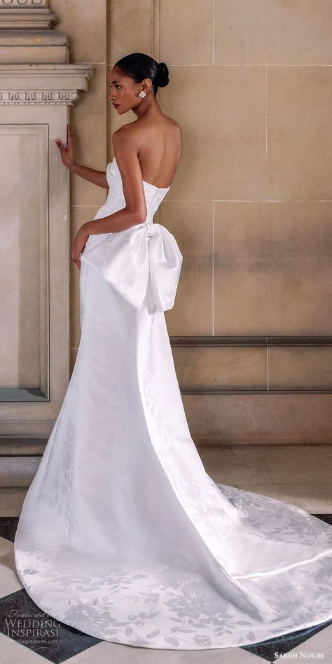 sareh nouri fall 2025 bridal strapless cats eye sweetheart neckline pleated bodice a line wedding dress bow back chapel train (14) bv -- Sareh Nouri Fall 2025 Wedding Dresses | Wedding Inspirasi  #wedding #weddings #bridal #weddingdress #weddingdresses #bride #fashion #label:SarehNouri #season:Fall/Winter #week:412024 #year:2025 ~ Wedding Dress Bow Back, Dress Bow Back, Sareh Nouri Wedding Dress, Wedding Dress Bow, Sareh Nouri, Wedding Inspirasi, Bow Wedding Dress, 2025 Wedding, Bride Fashion