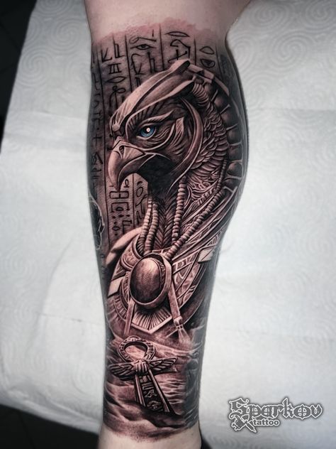 Realistic Horus Egyptian God tattoo by Nikolay Sparkov. #sleeve #tattoo #tattoosleeve #realistictattoo #blackandwhitetattoo Horus Egyptian God Tattoo Design, Horus God Tattoo, Pyramid Tattoo Sleeve, Egyptian Tattoo Horus, Eygptain Tattoos Men Arm, Egyption Sleeve Tattoo, Men Egyptian Tattoo, Egyptian Tattoo Sleeve Men Arm, Ancient Egypt Tattoo Sleeve