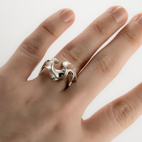 A simple band blooms into an intricate convolution of sterling silver. This ring is 3D printed in wax, then cast in silver using lost wax casting. Also available in brass, 14k gold, 18k gold, palladium, and platinum by special order. Our Florescence collection is inspired by the biomechanics of growing leaves and blooming flowers. Each piece emerges from a computational simulation of differential growth, a surface that grows at different rates in different location. The flowering structures expa Lost Wax Casting Rings, Wave Jewelry, Silver Casting, Wax Carving, Simple Band, Wave Ring, Funky Jewelry, Wire Rings, Cluster Earrings