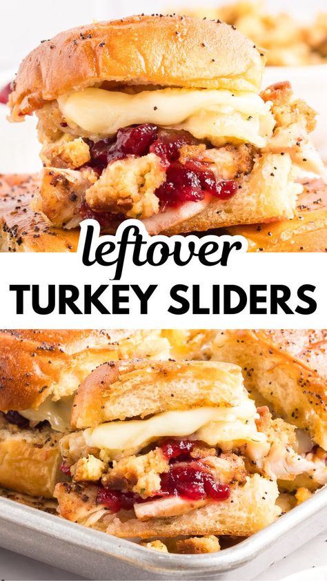 Enjoy the flavors of Thanksgiving anytime with these savory Turkey Sliders with Cranberry Sauce! Juicy leftover turkey, stuffing, and cranberry sauce are layered with melty cheese in tender slider buns and then topped with a sweet butter mustard glaze. Bet you can’t eat just one! They’re the perfect way to use up those turkey leftovers! Turkey Stuffing Cranberry Sliders, Savory Turkey Sliders, Turkey And Stuffing Sliders, Turkey Leftover Sliders, Hot Turkey And Cheese Sliders, Turkey And Dressing Sandwiches, Thanksgiving Sliders Hawaiian Rolls, Turkey Sliders On Hawaiian Rolls Easy, Hawaiian Roll Sliders Turkey