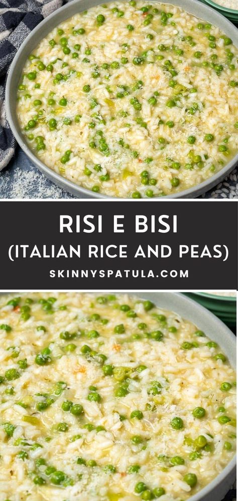 Risi e Bisi (Italian Rice and Peas) Rice And Pea Soup, Pea Rissoto Recipes, Pea And Rice Recipe, Risi E Bisi Recipe, Rice And Greens, Sweet Pea Side Dishes, Creamy Rice Pilaf, Italian Rice Recipes Simple, Gf Rice Dishes