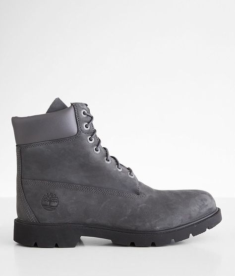 Timberland® Classic Leather Boot - Men's Shoes in Dark Grey Nubuck | Buckle Timberland High-top Boots With Steel Toe, Timberland Gray Leather Boots, Timberland Waterproof Lace-up Boots With Steel Toe, Black High-top Timberland Waterproof Boots, Timberland High-top Steel Toe Hiking Boots, Timberland Classic, Mens Leather Boots, Shoe Size Conversion, Leather Pieces