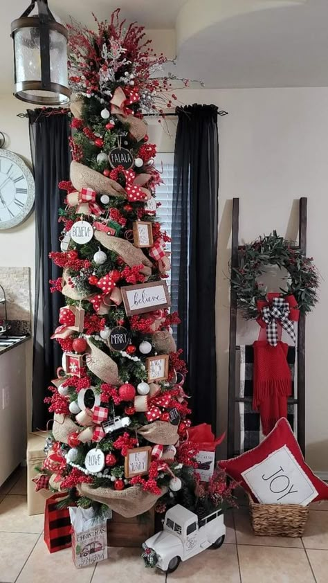 Pencil Tree Ideas Christmas, Mens Christmas Tree Ideas, Decorated Pencil Christmas Trees Ideas, Christmas Tree Modern Farmhouse, Slim Tree Decor, Pencil Trees Christmas, Christmas Pencil Tree Ideas, Pencil Tree Decorating Ideas Farmhouse, Slim Tree Decorating Ideas