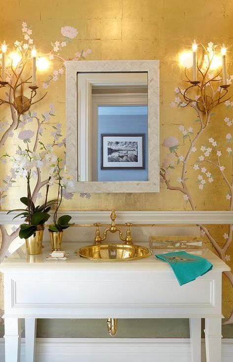 Chinoiserie Powder Room with Gold Metallic Wallpaper and Chair Rail - Asian - Bathroom Traditional Powder Room, Asian Bathroom, Wallpaper Powder Room, Gold Metallic Wallpaper, Powder Room Wallpaper, Powder Room Decor, Wallpaper Ceiling, Velvet Wallpaper, Powder Room Design