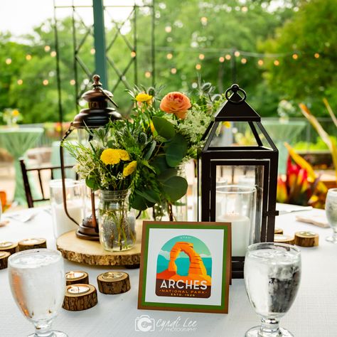 Adventure Wedding Centerpiece, Wilderness Centerpiece Ideas, Camping Lantern Centerpieces, National Park Centerpieces, Camping Centerpiece, National Park Wedding Theme, Rehearsal Dinner Themes, Camping Wedding, Camp Theme