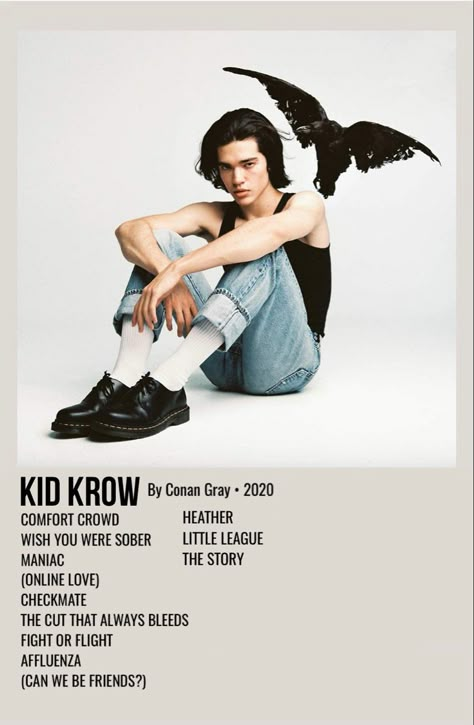 minimal polaroid album poster for kid krow by conan gray Gray Album Covers, Kid Krow, Minimalist Music, Conan Gray Aesthetic, Music Poster Ideas, Vintage Music Posters, Film Posters Minimalist, Poster Bedroom, Music Poster Design