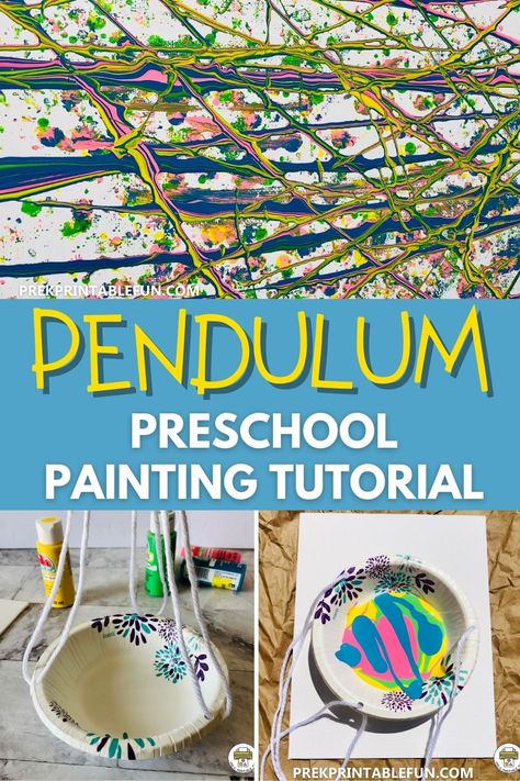 Pendulum Painting is a great process art experience for preschoolers and  is super easy to set up!  All you need is a paper cup or bowl, yarn, hole punch, scissors, assorted paint colors, and white paper or a canvas. Pendulum Painting For Kids, Preschool Art Auction Ideas, Art Show Preschool, Action Painting Ideas, Pendulum Art, Preschool Art Show, Pendulum Painting, Process Art Preschool, Free Preschool Lesson Plans