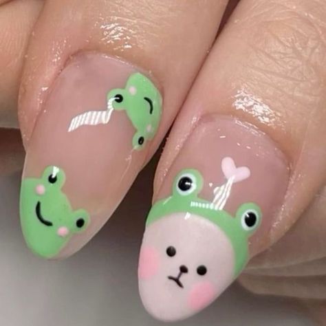 New Nails Fashion Designs Cute Summer Spring Nails, Nails Frog Art Designs, Green Oval Acrylic Nails, Frog Nails Designs, Cute Animal Nails, Keroppi Nails, Froggy Nails, Frog Nail Art, Frog Nails