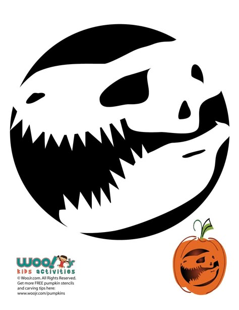 T-Rex Dinosaur Pumpkin Pattern | Woo! Jr. Kids Activities Dinosaur Pumpkin Carving Template, T Rex Pumpkin Carving Pattern, Boy Pumpkin Carving Ideas, T Rex Pumpkin Carving, Dinasour Pumpkin Carving, Dinosaur Pumpkin Decorating Ideas, Pumpkin Carving Dinosaur, Dinosaur Pumpkin Carving Stencil, Pumpkin Carving Ideas Dinosaur