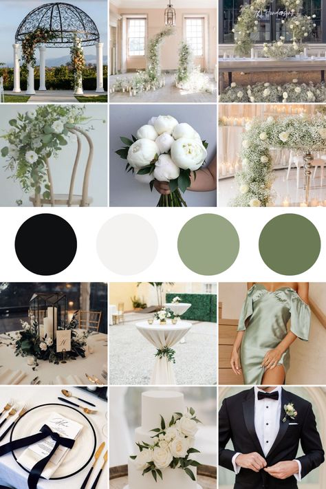 Sage Green Black Tie Wedding, White Olive Green Wedding, Black White Green Blue Wedding, Black And Sage Green Wedding Theme, Deep Green And White Wedding, Wedding Green Aesthetic, Seige Green Wedding Theme, Sage Green Wedding Color Pallet, Black White And Olive Green Wedding