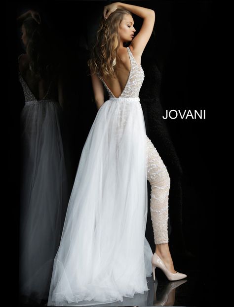 Jovani 60010 | Nude white beaded V neck wedding jumpsuit. Prom Jumpsuit, Wedding Dress Jumpsuit, Tulle Overskirt, Beaded Jumpsuit, Informal Wedding Dresses, Embellished Jumpsuit, Informal Weddings, Jovani Prom, Belle Silhouette