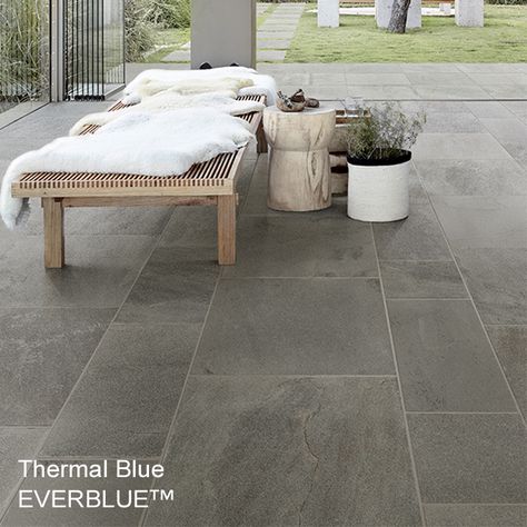 Outdoor Porcelain Tile Pavers | Everblue™ Bluestone Outdoor Covered Patio Flooring Ideas, Verandah Flooring Ideas, Tile Back Patio, Outdoor Tile Flooring, Front Patio Tile Ideas, Lanai Tile Ideas, Tiled Patio Ideas, Outdoor Balcony Flooring Ideas, Porcelain Outdoor Tiles