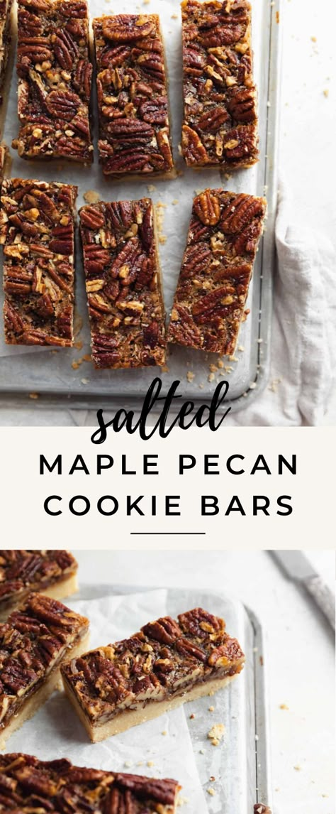 Sweet And Salty No Bake Bars, Maple Walnut Bars, Pecan Baking, Pecan Cookies Recipes, Fall Bars, Sweet And Salty Desserts, Pecan Cookie Bars, Maple Pecan Cookies, Maple Pecan Bars