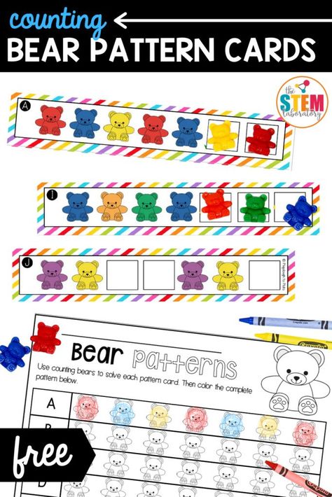 These counting bear pattern cards will have kids copying, creating and extending patterns in no time! This FREEBIE even includes a pattern recording sheet for more pattern practice! Perfect for math centers or even a fun free choice activity! #prekmath #kindergartenmath #patterns #countingbears Bear Pattern Cards Free Printable, Counting Bears Pattern Cards, Kindergarten Pattern Activities, Patterns Kindergarten, Patterning Activities, Sensory Basket, Kiddie Academy, Patterning Kindergarten, Free Math Centers